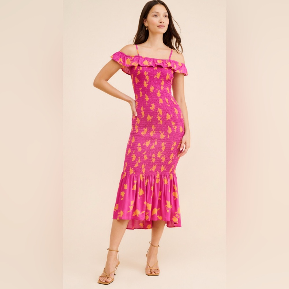 Anthropologie Pink and Yellow Midi Dress